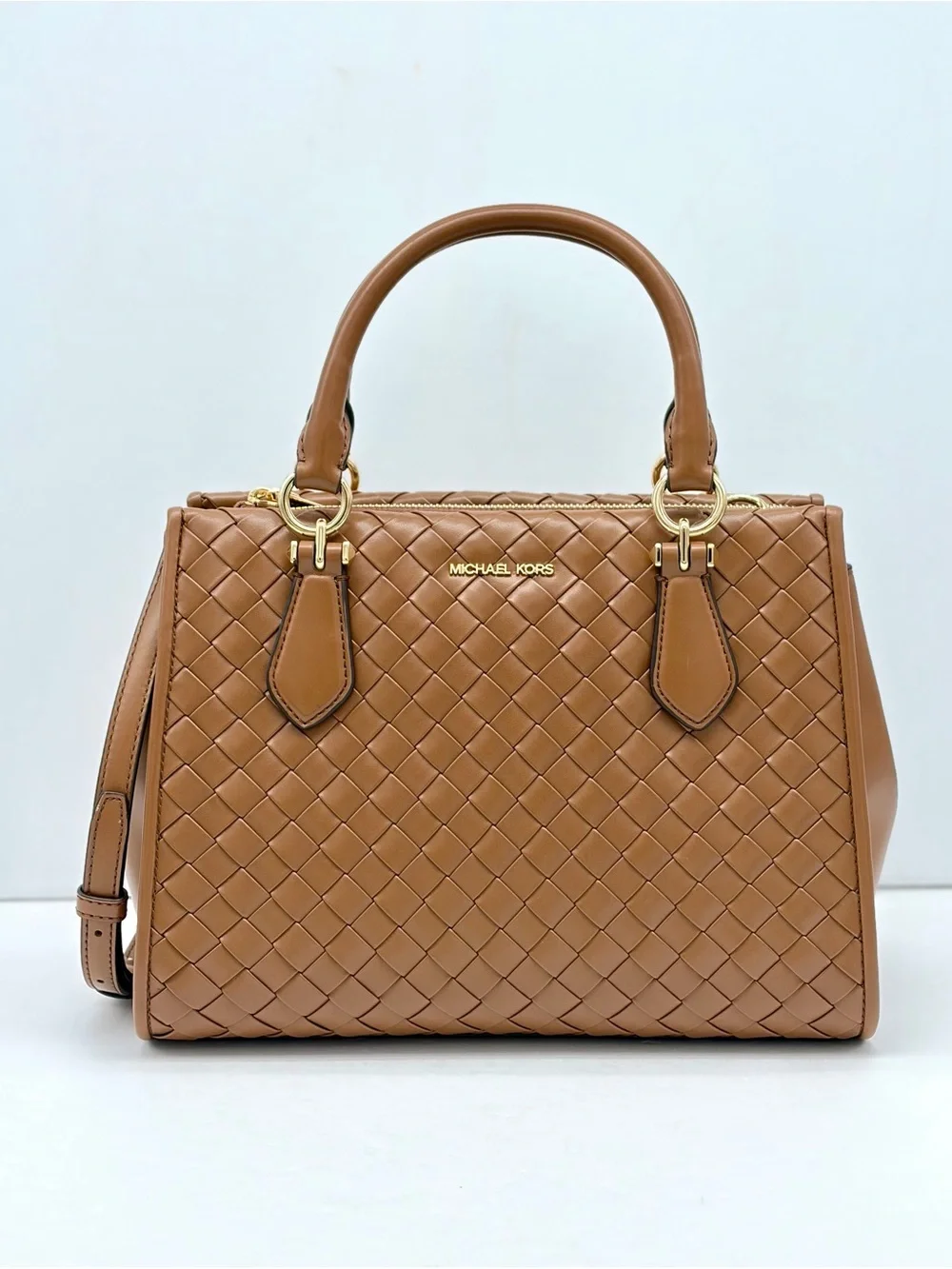 MICHAEL KORS  Marilyn Medium Woven Satchel Crossbody Bag Luggage